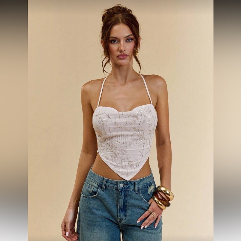 White Sequin Backless Halter Top
